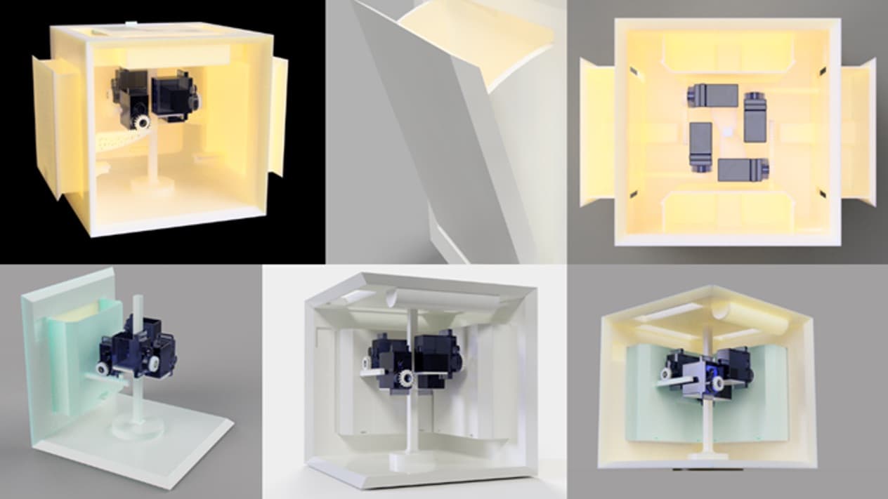 Six views of the first 3D-printed cube prototype, its servo mechanism and hinged card flaps visible