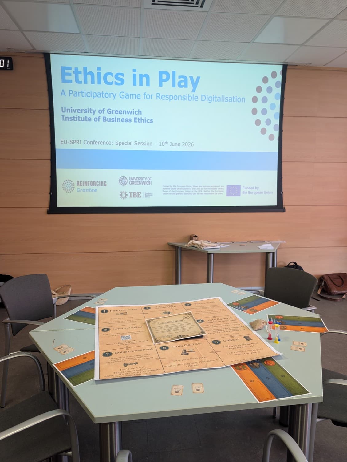 The session title slide, Ethics in Play, projected before the workshop begins