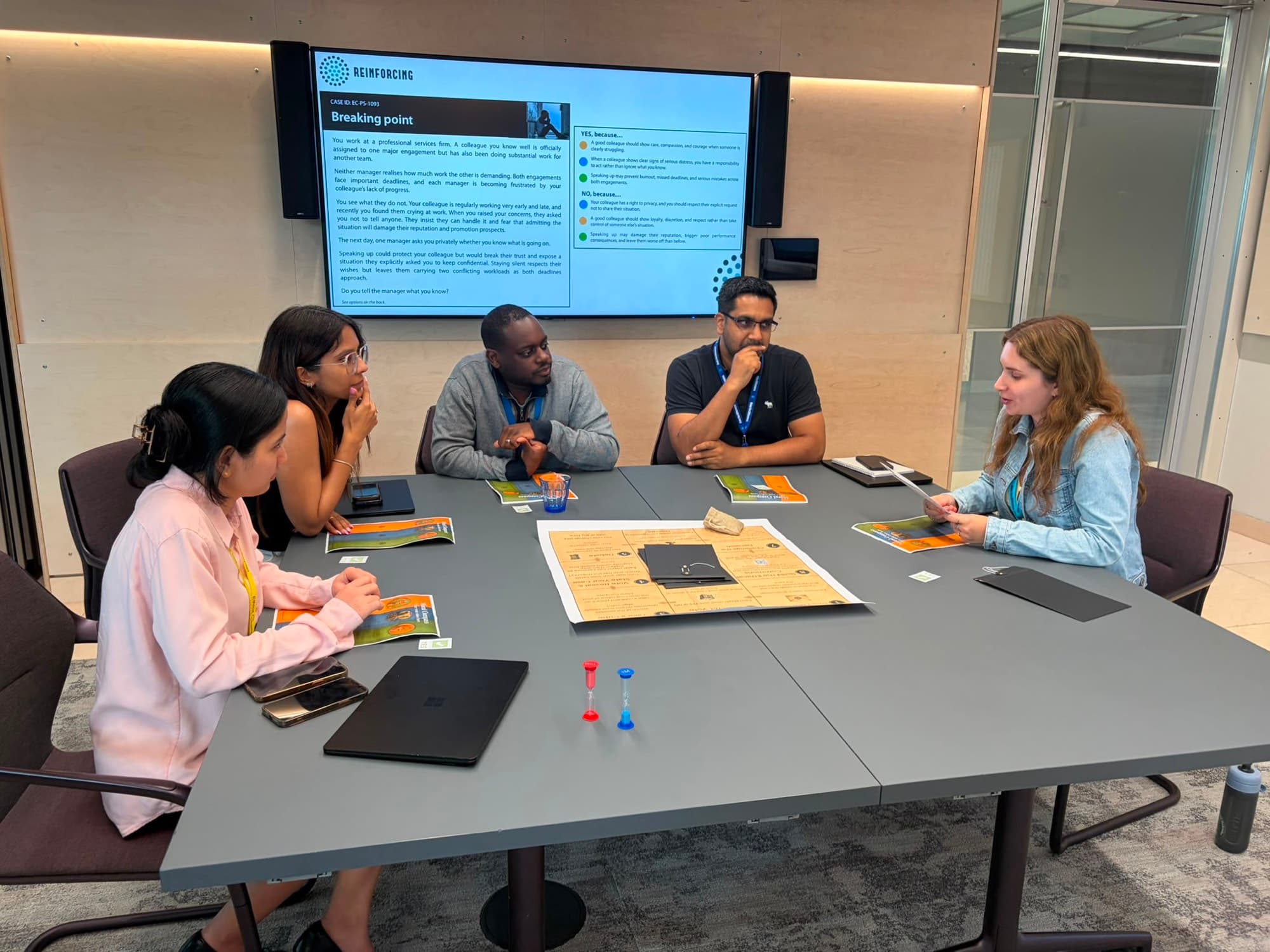 A case brief projected on the boardroom screen while the group discusses it
