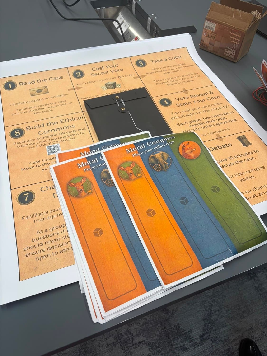 Session materials on the table: board, Moral Compass sheets, the case envelope, and the cube box